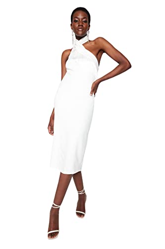 Trendyol Women Midi Bodycon Fitted Woven Dress Robe tissée mi-Longue Moulante Femmes, Ecru, 64