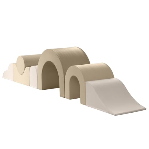 Kidkii Rainbow Play Set 7-Piece Foam Climbing & Motor Skill Play Kit, Indoor Activity Play System Set with Climbable Shapes for Toddlers, Cream/Beige