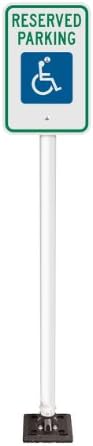 Handicap Reserved Parking Sign on 66" White Post Fixed Bottom, Fixed Base Included