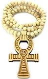 Nyame Ye Ohene Wood Ankh Pendant 36" Wooden Bead Chain Necklace - natural color