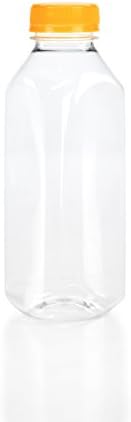 (6) 16 oz. Clear Food Grade Square Plastic Juice Bottles with ORANGE Tamper Evident Caps 6/pack (16oz, Orange lid)
