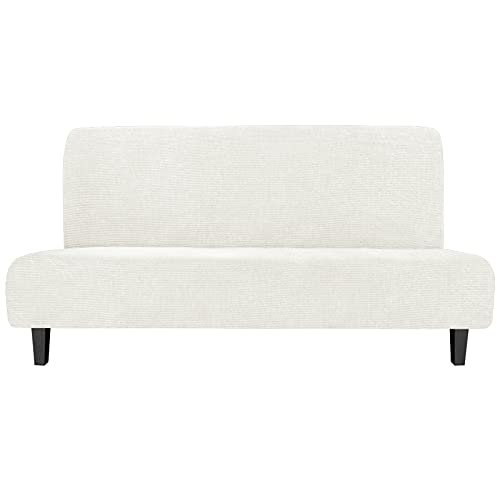 Easy-Going Stretch Futon Slipcover Armless Futon Bed Cover Furniture Protector Without Armrests with Elastic Bottom for Kids, Soft Jacquard Fabric Small Checks (Large, Cream)