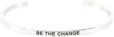 Simply Mantra Inspirational Adjustable Cuff Band, 20 Bracelet Phrases in Silver, Gold or Rose Gold 316 L Stainless Steel (BE THE CHANGE; SILVER)