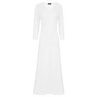 Ladies Jersey Maxi Dress Womens Plain Long Sleeves Flared Stretchy Dress#(White Plain Jersey Maxi Dress#US 6-8#Womens)