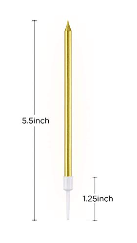 24 Count Party Long Thin Cake Candles Metallic Birthday Candles in Holders for Birthday Cakes Cupcake, Gold