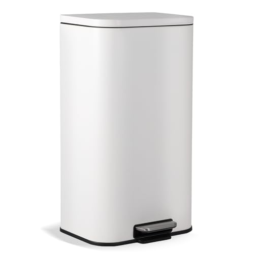 30L Stainless Steel Trash Can for Kitchen, Office, Bathroom – Rectangular, Soft-Close Lid, Foot Pedal, Removable Bucket, Fingerprint-Proof, Space-Saving,White