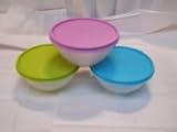 Tupperware Small Wonderlier Bowls in Clear with Purple Daisy/Salsa Verde/Tropical Water Seals