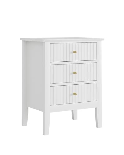 HEYZOEY Bedside Table with 3 Drawers, Vintage Bedside Cabinet, Wooden Side Table with Storage, Retro End Table for Bedroom, Living Room and Home Office(white, 17.8 x 13.3 x 24 in)