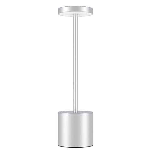 HYMZP Wireless Table Lamp, 5000 mAh Rechargeable LED Table Lamp, Dimmable, Metal Lamp, for Dining Room, Bedroom, Outdoors (Silver)