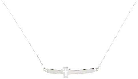 Silver Tone Curved Sideways Cross With Inner Cross Pendant Statement Necklace