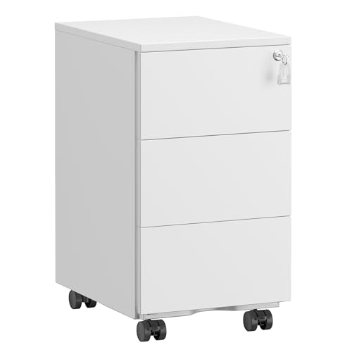 SONGMICS Schubladenschrank, Rollcontainer, mobiler Aktenschrank, Metallschrank, Druckertisch, abschließbar, 3 Schubladen, vormontiert, Büro, Homeoffic