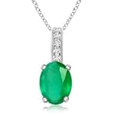 Angara Natural Oval Emerald Solitaire Pendant with Diamond Bale in Silver / 14K Solid Gold/Platinum With 18" Chain | May Birthstone, Birthday, Engagement, Anniversary, Wedding Jewelry Gift for Women
