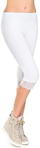 Ladies Leggings 3/4 Length Cropped Summer Lace Leggings Womens Gym Yoga Running Active Wear Bottoms Plus Size (UK M/L 12-14, White)