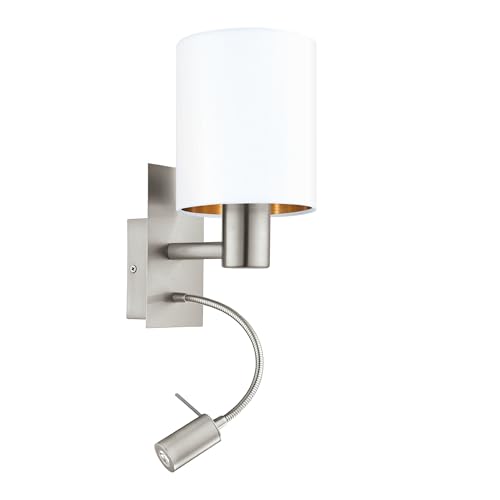 EGLO LED Wandlampe Pasteri, 2 flammige Textil Wandleuchte, Material: Stahl, Stoff, Farbe: Nickel matt, weiß, kupfer, Fassung: E27, inkl. Schalter und flexiblen LED-Leselicht