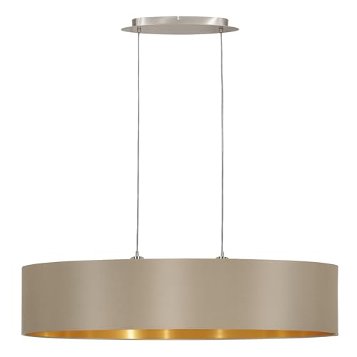 EGLO Pendellampe Maserlo, 2 flammige Textil Pendelleuchte, Hängeleuchte oval aus Metall in Silber und Stoff in Taupe, gold, E27 Fassung, L 100 cm