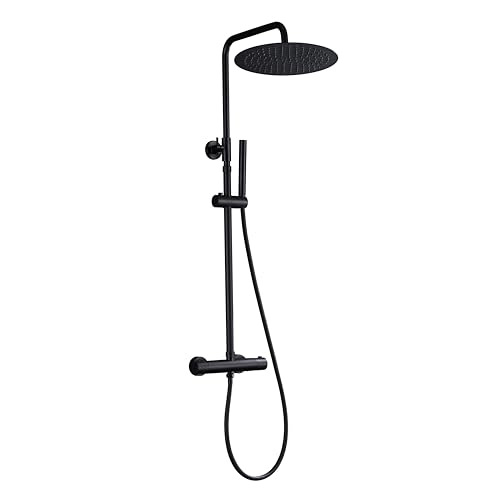 JOHO Thermostat Duschset Regendusche Duschsystem mit Thermostatarmatur, XXL Regenduschkopf Rund D30cm Matt schwarz