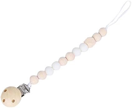 Baby Pacifier Clips, BPA Free Silicone Teether Wooden Pacifier Chain Holders Clip Binky Clip Newborn Baby Girl/Boy Soother Clip Chew Beads DIY Natural Baby Teething Grasping Toy