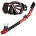 ENKEEO Scuba Diving Snorkeling Snorkel Set Anti Fog Goggles/Swimming Cap/Waterproof Phone Case/Gear Bag, Red & Black