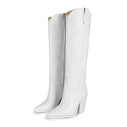 ISNOM White Cowboy Cowgirl Boots for