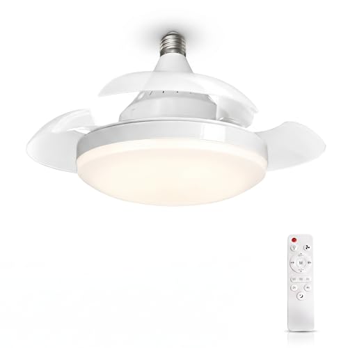 MARSI Ventilador de Techo con Luz LED 40 cm, Lámpara Ventilador E27, 3 Aspas Retráctiles PC, Motor DC, 3 Velocidades, Luz Regulable, Mando IR, para Dormitorio y Estudio