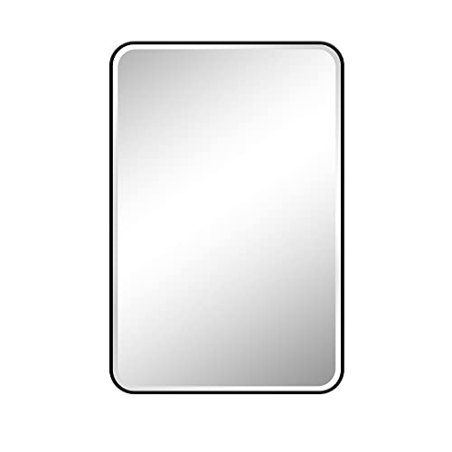 Fundin Plastic Black Medicine Cabinet, Beveled Edge Mirror Door with Round Corner Metal Frame, Recessed and Surface Mount Bathroom Medicine Cabinet, 16 x 24 inch Mirror Size