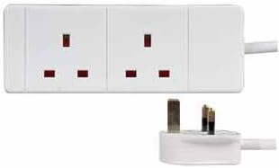 Extension Lead 2x Electrical Socket to Mains Plug Lead two way DOUBLE GANG 1m to 20m WHITE / BLACK Colour. 13A 240v 3KW. UK 3-Pin plug and socket - Quality mains electrical cable electric power cord (2M, WHITE)