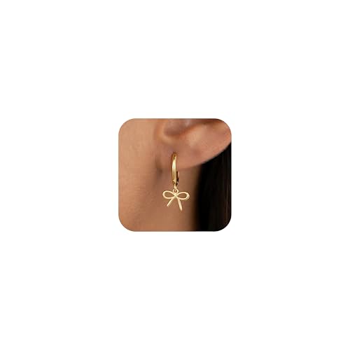 JIAOGE Gold Earrings for Women Girls - Gold Bow Earrings for Women Jewelry Huggie Hoop Stud Earrings Hypoallergenic Cute Cubic Zirconia Pearl Drop Bow Earring Gifts for Girls Wedding Birthday Gifts
