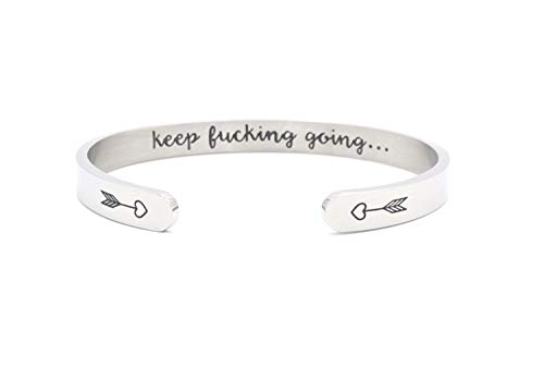 Inspirational Bracelet Cuff Bangle Mantra Quote Keep Going Stainless Steel Engraved Motivational Friend Encouragement Jewelry Gift for Women Teen Girls with Secret Message Hidden Love Arrows