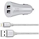 Belkin F8J219-05-SLV Studio 4.8A 24W 2 Port car Charger with 1.5 Meter Lightning Cable for iPhone iPad (Silver)