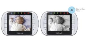3.5 inch diagonal LCD color display shows sound and video monitoring, with infrared night vision.