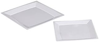 Party Joy 50-Piece Plastic Dinnerware Set | Modern Square Collection | (25) Dinner Plates & (25) Salad Plates | Heavy Duty Premium Plastic Plates for Wedding, Parties, Camping & More (White)