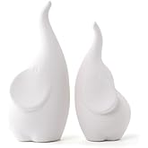 LINYTHER Ceramic Elephant Figurines with Trunk Up, Pair Couples Loving Elephant Statue, Small Figurines Sculpture African Home Decor, Valentine Elephants Gifts for Women, Wedding Knick Knacks（White）