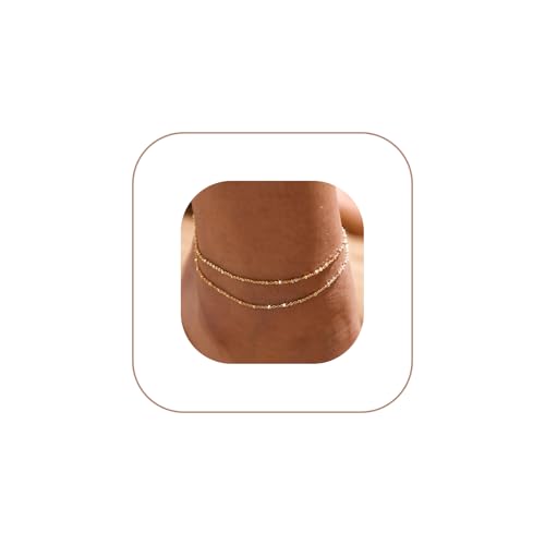 MIDEEO Gold/Silver Ankle Bracelets for Women,14K Gold Anklets for Women Waterproof Cuban Link Heart Beads Herringbone Rhinestone Anklets Set Layered Anklet Bracelets for Women Gold Jewelry Gift