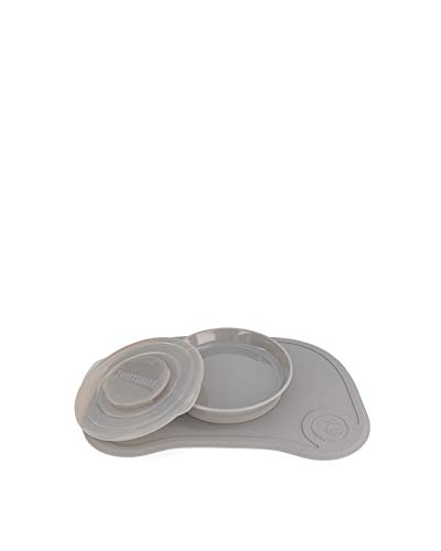 Click-Mat 38 x 25 cm Mantel Individual Placa de Alimentación para Mesa + Plato Sellado con Tapa Alimentación para Bebés, Vajilla, Sin BPA, 6+ Meses, Gris Pastel