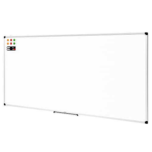 Amazon Basics Lavagna Bianca Magnetica con Cornice in Alluminio, Vaschetta Portapenne, 6 Magneti, 1 Cancellino, 2 Pennarelli per Ufficio/Casa, Montaggio a Parete, Cancellabile a Secco, 240cm x 100cm
