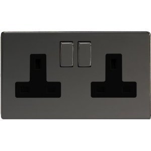 XDi5BS - Varilight - Flat Plate Screwless - Iridium Black - 2 Gang 2 Way 13A Switched Plug Socket