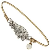 Women's Angel Wing Charm Bangle. Worn Gold/silver Ox Plating. 2-tone Hammered Charm Bangle - Angel Wing. Wire-wrapped Ivory Imitation Pearl Accent. Slide-on Bangle; 1 Size Fits Most.