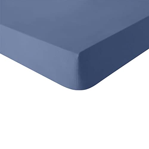 Essix Plain Cotton Fitted Sheet, Made in France, 140 x 190 cm, Denim