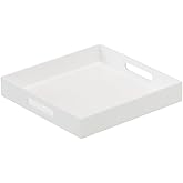 BEYLANG Glossy White Sturdy Acrylic Serving Tray with Handles-12x12 Inch-Serving Coffee,Appetizer,Breakfast,Butler-Kitchen Countertop Tray-Makeup Drawer Organizer-Vanity Table,Ottoman Tray-Decorative