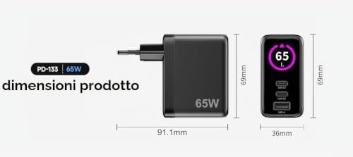 - Caricatore Multiplo USB-C 65W GaN con Display LED, Ricarica Rapida per Laptop, Smartphone e Tablet — foto 2 di 7