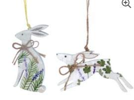 Gisela Graham set of 2 easter hanging decorations - Easter hares with herb design Wood Decoration