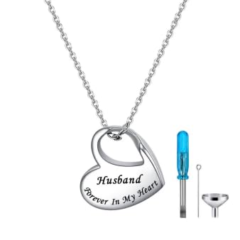 YOTHIWAD Heart Urn Necklace for Ashes Cremation Jewelry Forever in My Heart Engraved Stainless Steel Keepsake Waterproof Memorial Pendant for loved One with Filling Kit(Husband)