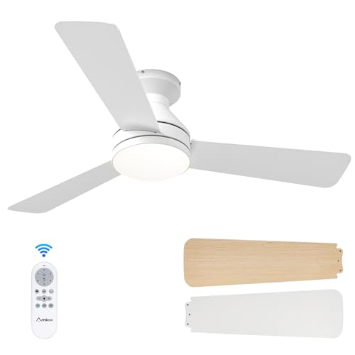 Photo 1 of Amico Ceiling Fans with Lights, 42 inch Low Profile Ceiling Fan with Light and Remote Control, Flush Mount, Reversible, 3CCT, Dimmable, Noiseless, White Ceiling Fan for Bedroom, Indoor/Outdoor Use