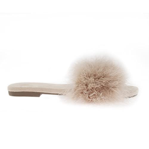 Amélie Home Women\'s Sexy Fashion Slide Slippers - Beige Furry Turkey Feather Open Toe Comfy Fuzzy Suede Lined House Sandals for Spring & Summer,Size 6