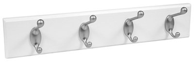 HIGH & MIGHTY515703 Coat Rack 4 Hook Rail, Easy Tool-Free Dry Wall Installation, Holds up to 30lbs, 18", White & Silver