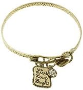 Women's Gold Tone Heart Charm Bangle. Live Love Laugh. Hammered Gold Tone. Two Tone Etched Crystal. Hook Closure. 2 5/8 Inch Diameter.