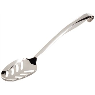 WIN-WARE Stainless Steel Slotted (With Holes) Serving Spoon. Service Untensil with hanging hook for storage and finger grip on handle for comfort. Satin finish prevents finger marks. Hollow handles are heat resistant. Dishwasher safe