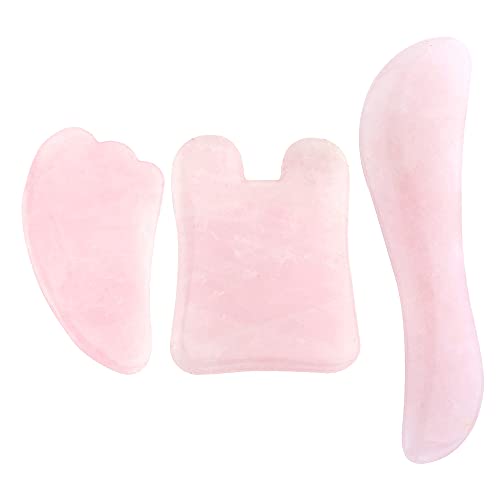 Jovivi Gua Sha Scraping Massage Tools, 3 Pcs Rose Quartz Multi-Shape Guasha Board for Face & Body, Natural Crystal Stone Gua Sha Facial Tool, Face Massager for Traditional Acupuncture Therapy