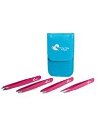 Tweezers 4 Piece Precision Set for Eyebrow; Eyelash; Long and Pointed Tweezer with Case