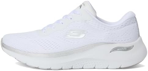 Arch Fit 2.0 Glow The Distance - Ténis femininos, malha branca e acabamento prateado, 38 EU